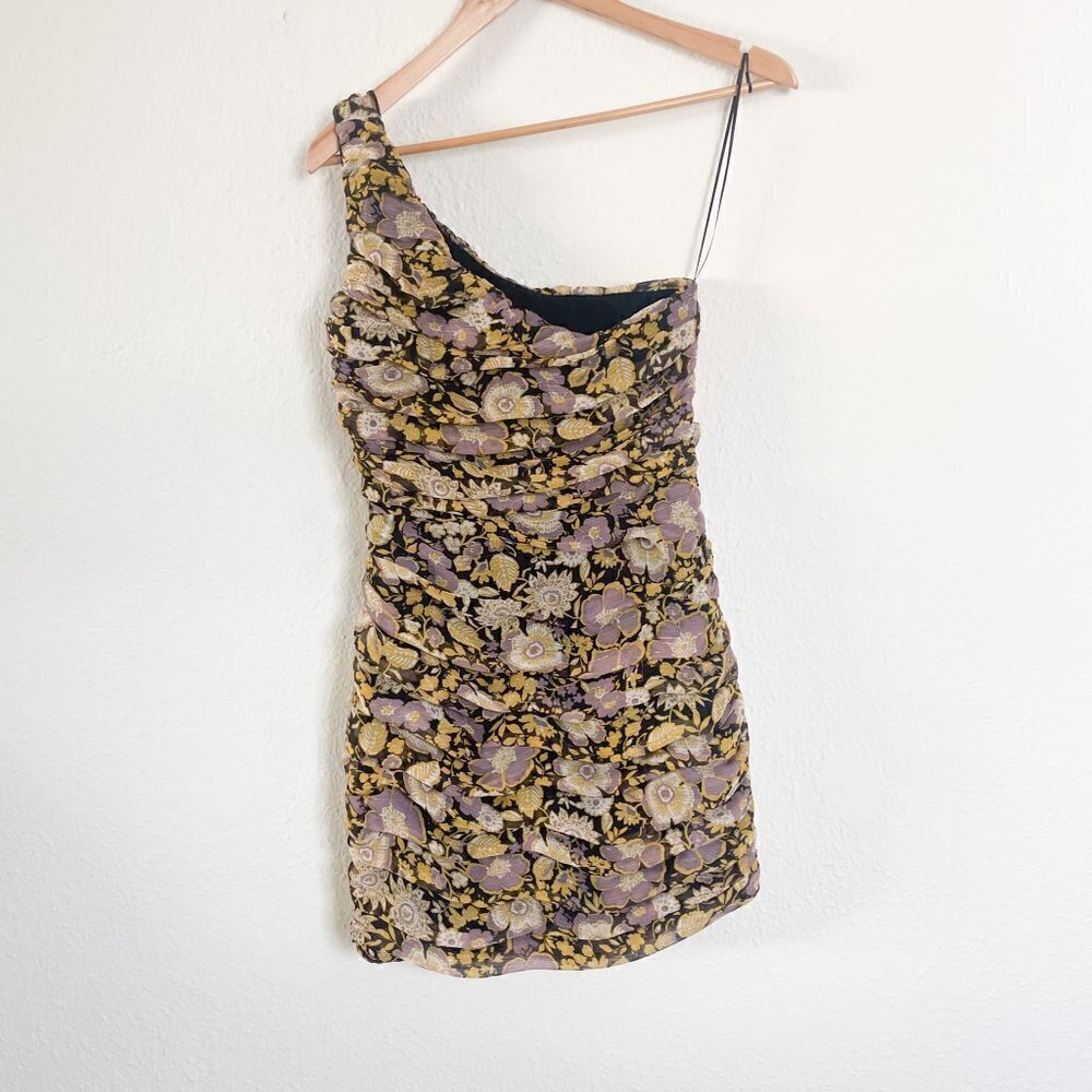 Zara Floral One Shoulder Mini Dress purple gold floral size small - Picture 10 of 12